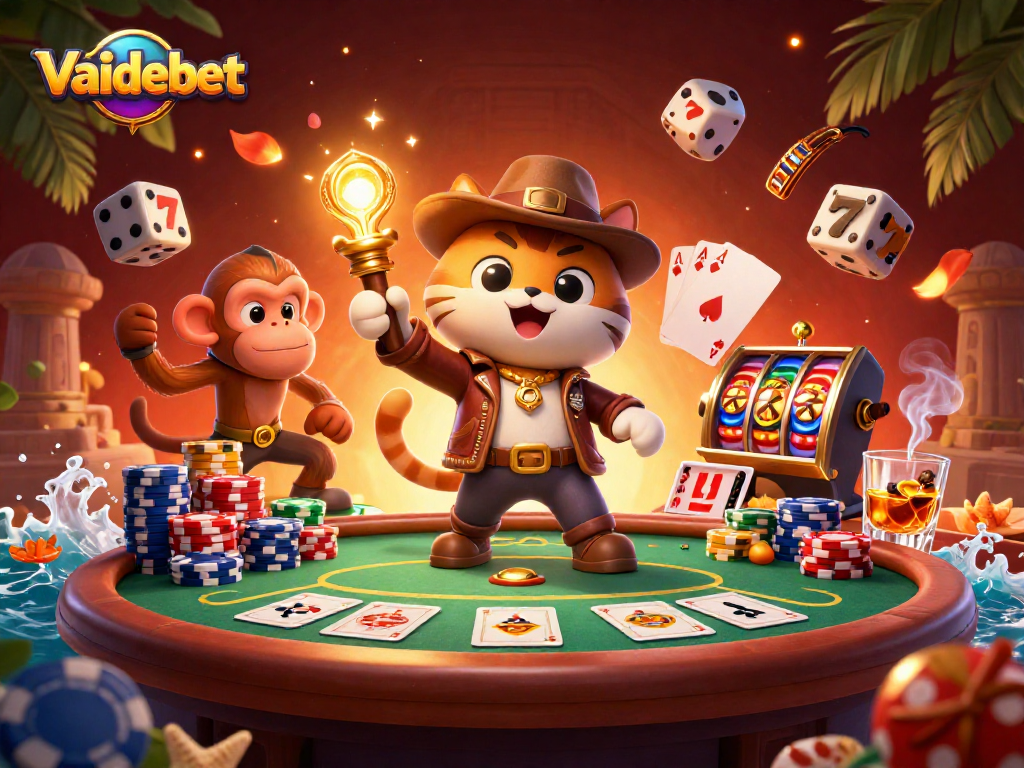 Experience thrilling gaming action at Vaidebet with a cat archaeologist and poker treasures in a vibrant temple.