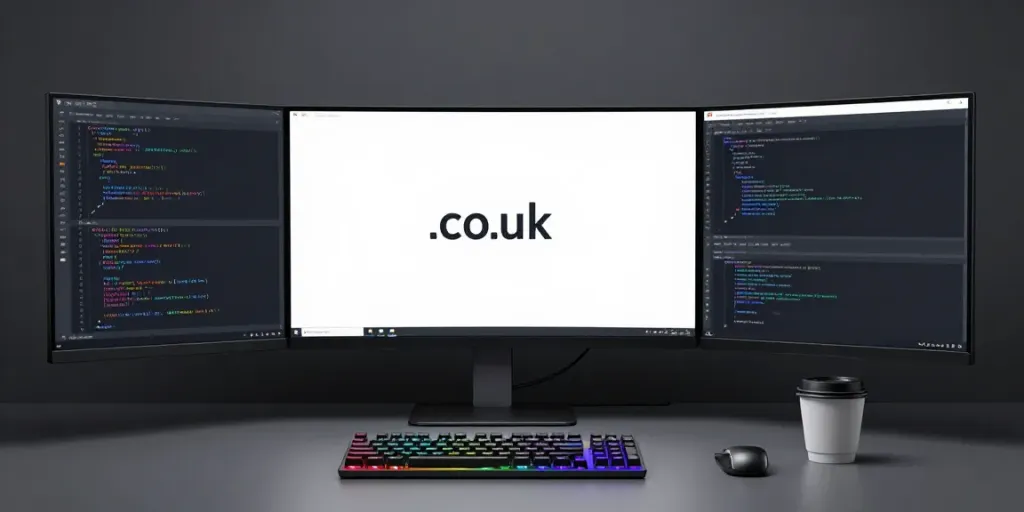.co.uk domain registration environment showcasing modern coding tools and workspace.