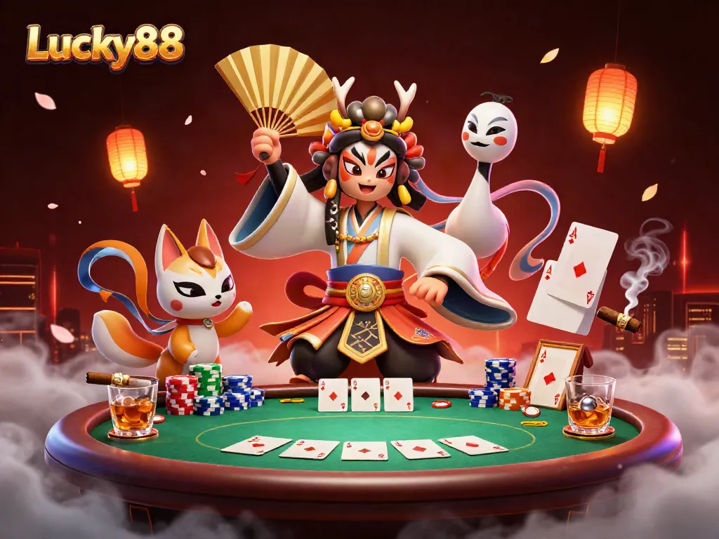 Experience intense poker action at Lucky88 with a kabuki warrior and kitsune mask in a colorful casino