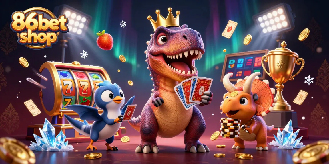 Experience thrilling gameplay at 86bet shop with a vibrant illustration of casino elements and friendly characters.
