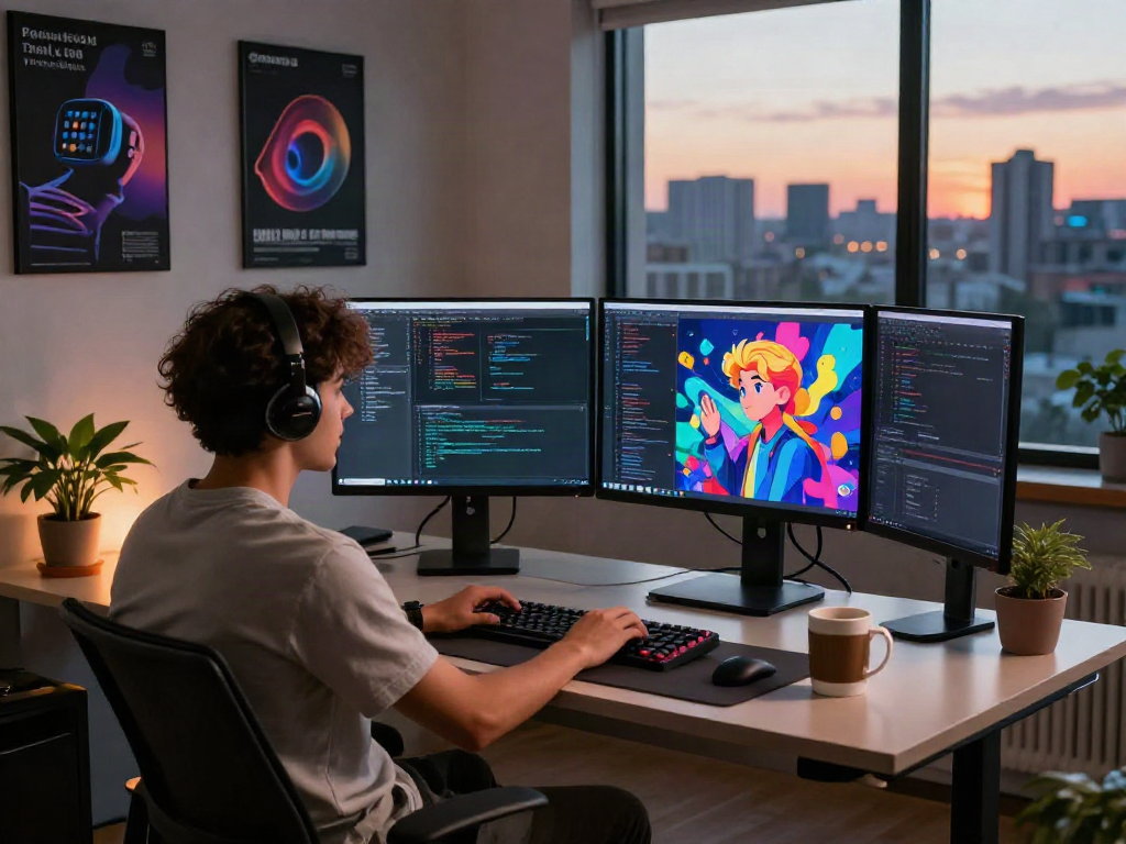 Dynamic tech workspace depicting a developer coding with NSFW AI visuals on screens, inspiring ambiance.