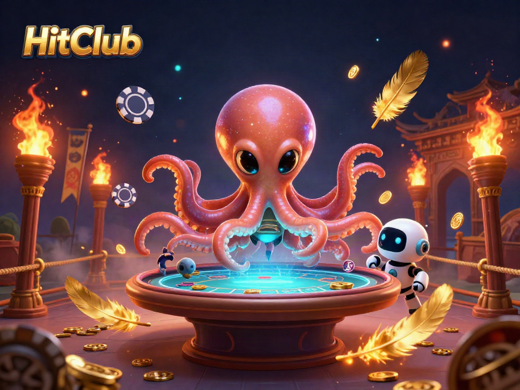 HitClub showcases an alien octopus at a holographic poker table with shimmering graphics.