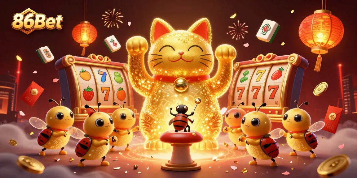 Engage with 86Bet's vibrant casino world through this rich illustration of lucky symbols.