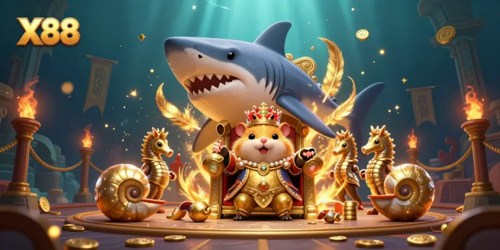 Experience the thrill of X88 with vibrant casino elements featuring a fierce hamster king amidst gold coins and game symbols