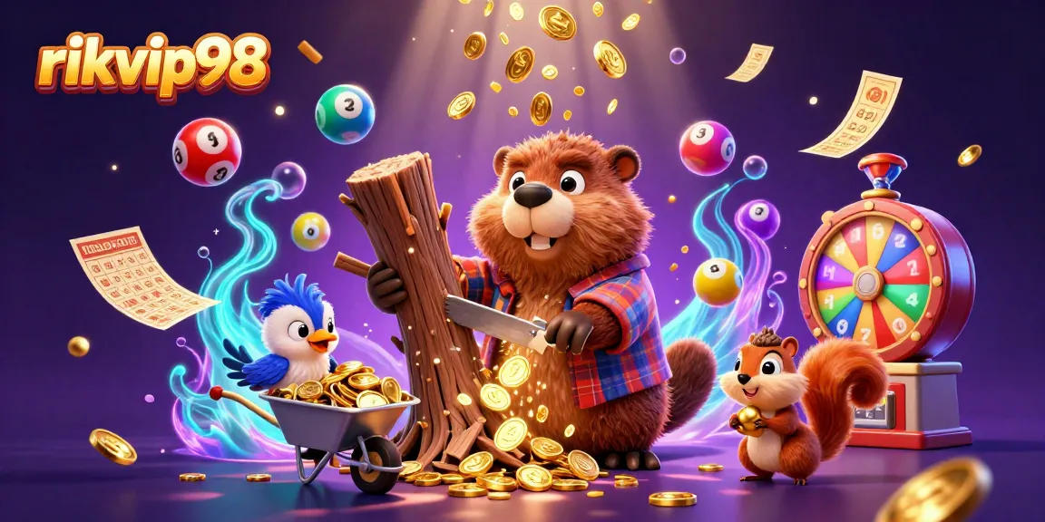 Experience the exciting world of rikvip98 with a vibrant scene featuring cartoon characters amidst a backdrop of golden coins and lottery elements.