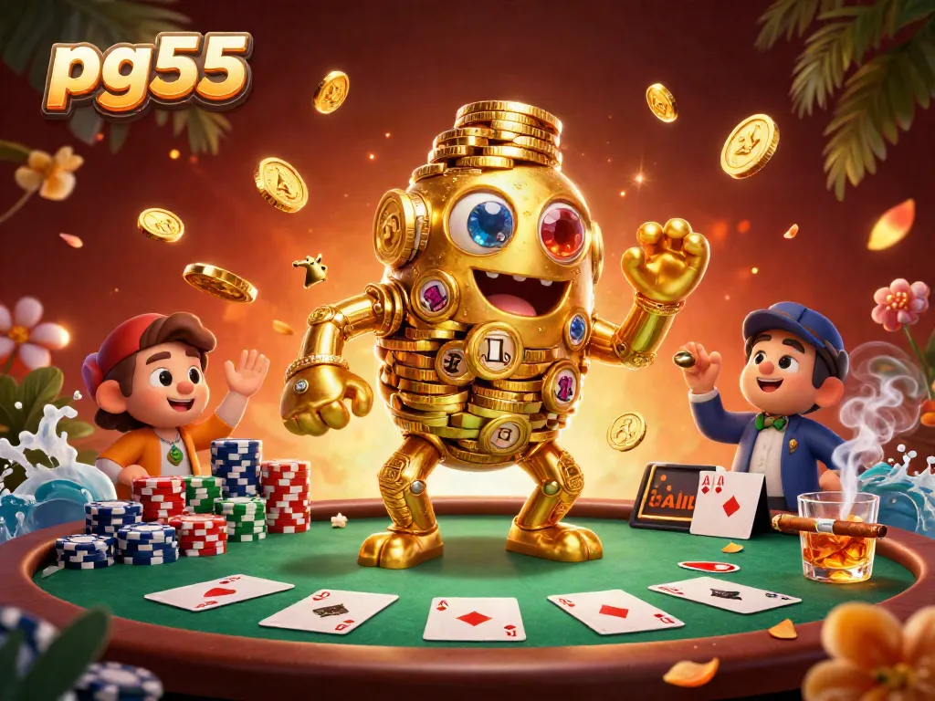 Engage in exciting gameplay at pg55 with a golden golem, surrounded by poker elements in a vibrant casino illustration.