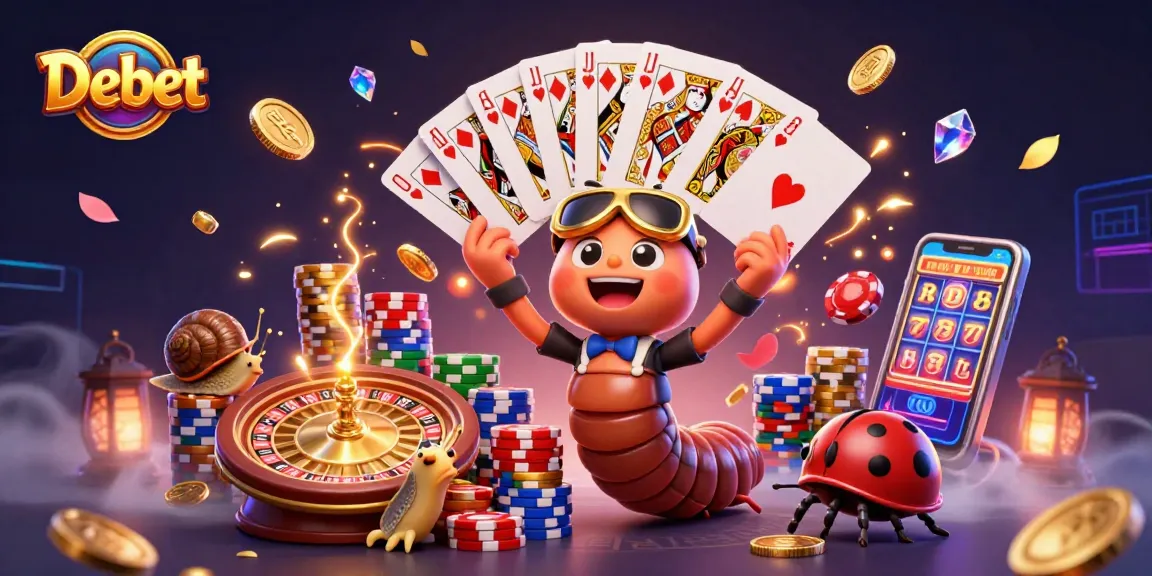 Engage with Debet's exciting casino scene featuring a millipede dealer, high-roller snail, and gold coins.