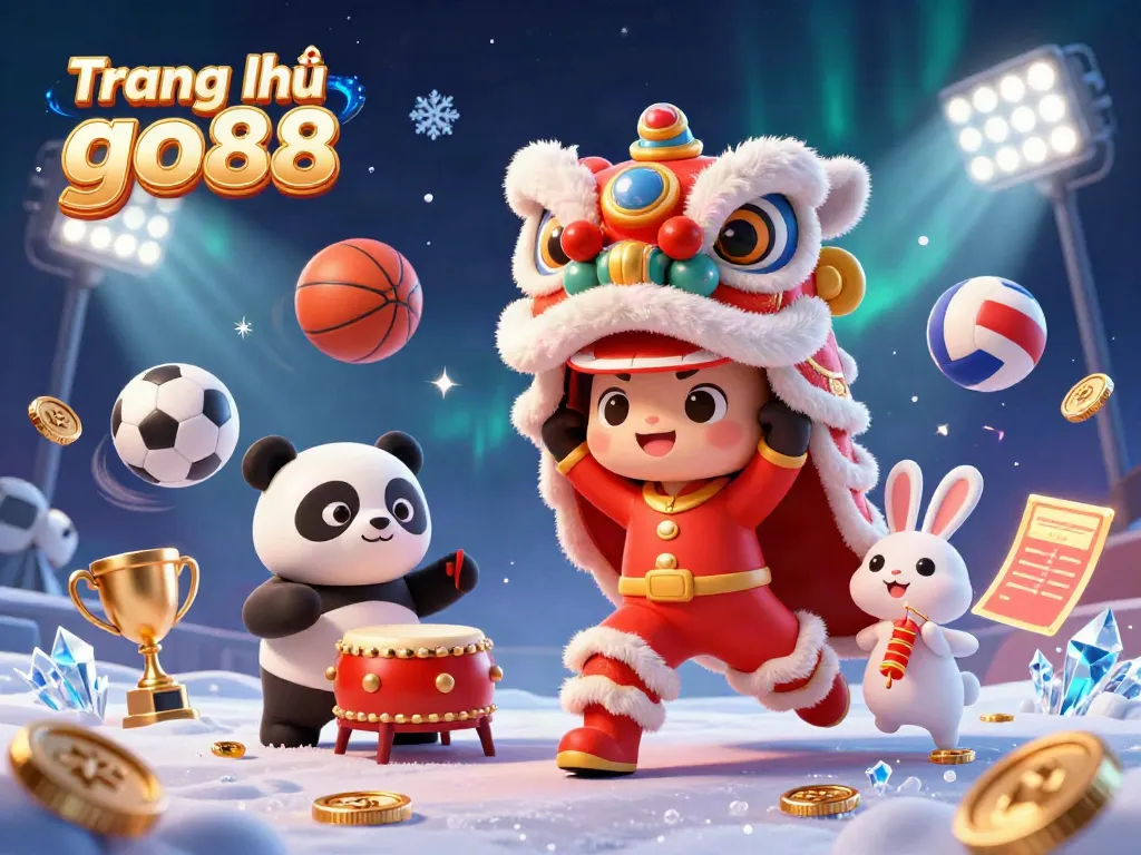Experience the vibrant festivities of Trang chủ go88 with a lively lion dance and dynamic sports-themed gambling elements.