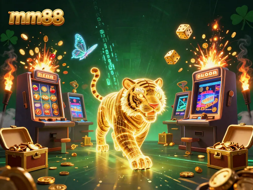Experience the excitement of mm88 with a vibrant digital casino scene featuring a golden tiger amidst slot machines and flying symbols.