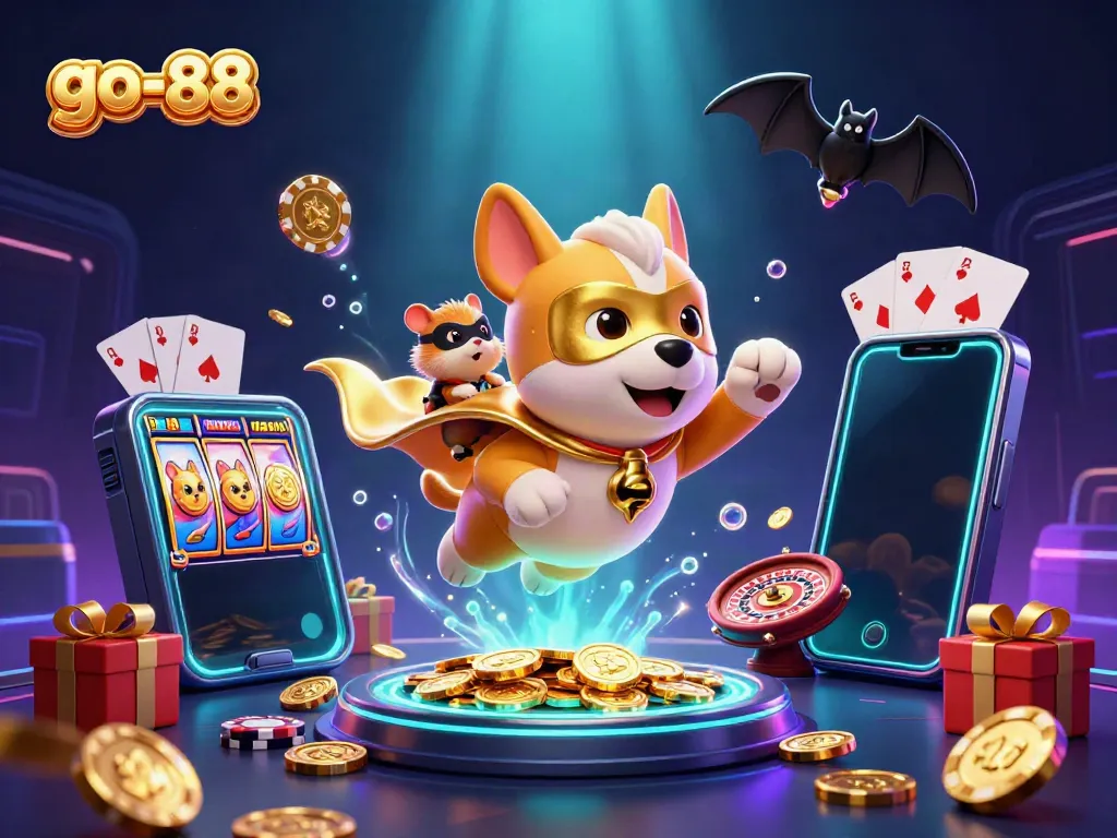 Play games and win with go-88: A superhero dog and hamster showcase exciting casino fun.