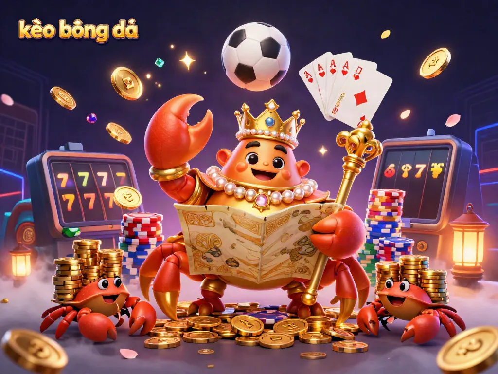 Engage with kèo bóng đá featuring a grand crab emperor, vibrant treasures, and rich gaming symbols.