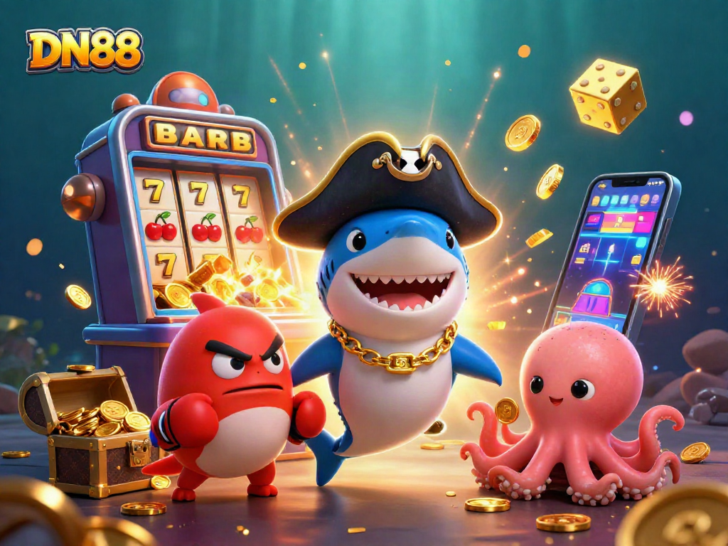 Engage with DN88's thrilling casino world as animated shark and friends burst with joy among slot machines.