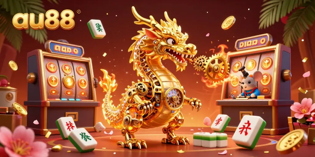Engage with au88's thrilling jackpot excitement featuring a golden dragon and dynamic casino elements.