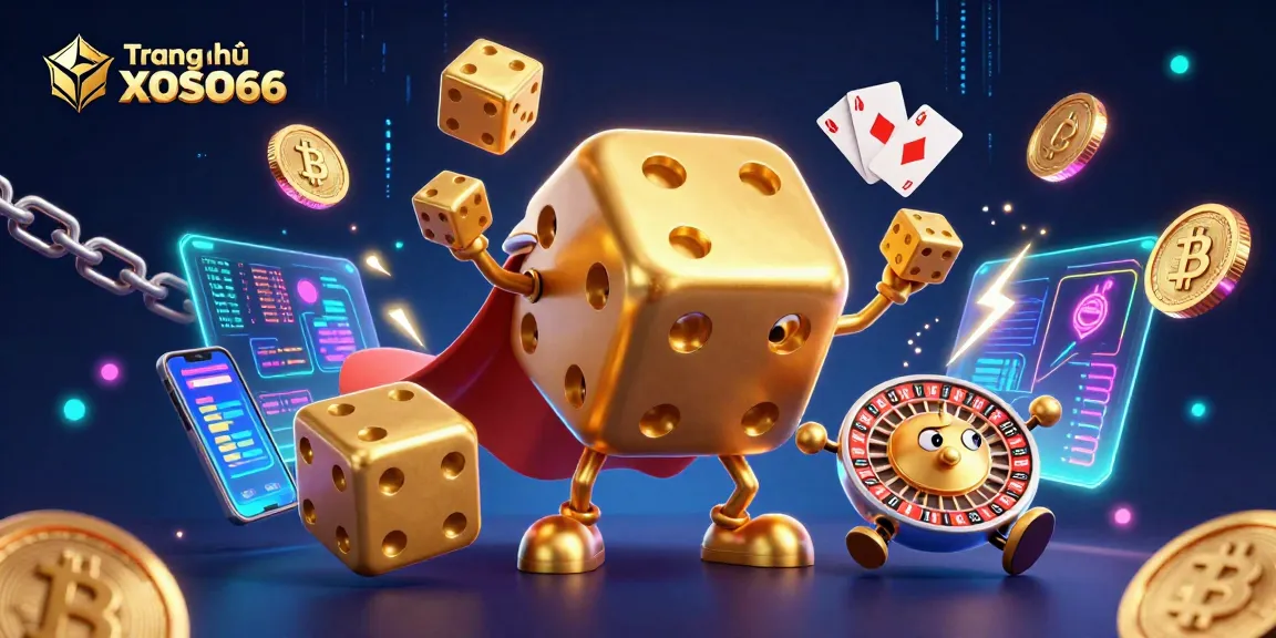 Engage in thrilling gaming at Trang chủ XOSO66 with a vibrant illustration of a golden dice golem and crypto elements.