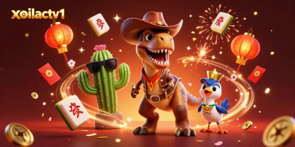 Xoilactv1 T-Rex cowboy amid celebrations, showcasing vibrant gambling elements with rich detail.
