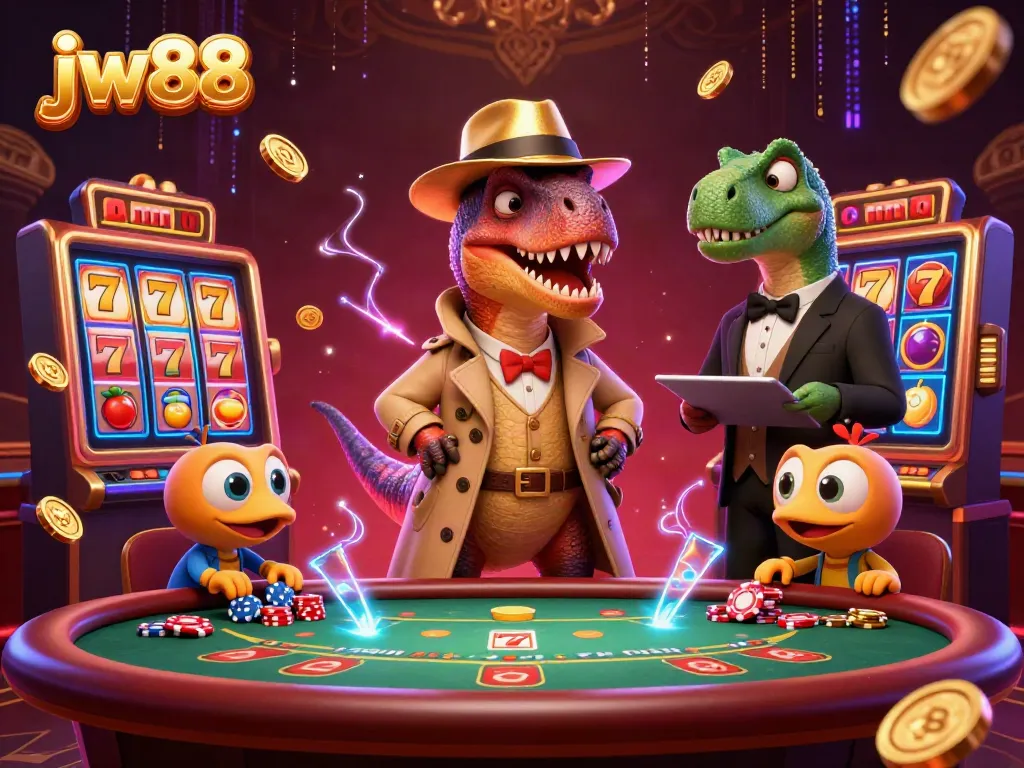 Experience the thrill of winning with jw88 at a captivating casino scene featuring vivid characters and dynamic elements.