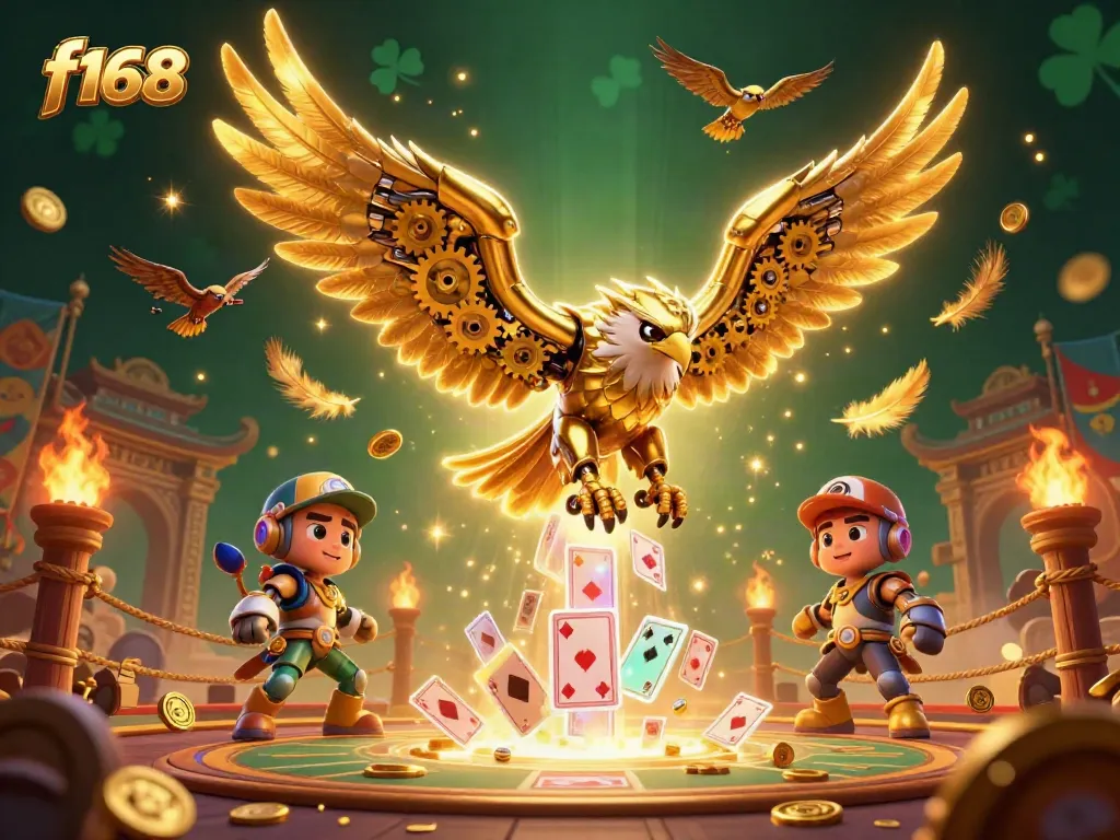 Experience the thrill of f168 gaming with a cybernetic eagle amidst a vibrant casino scene.
