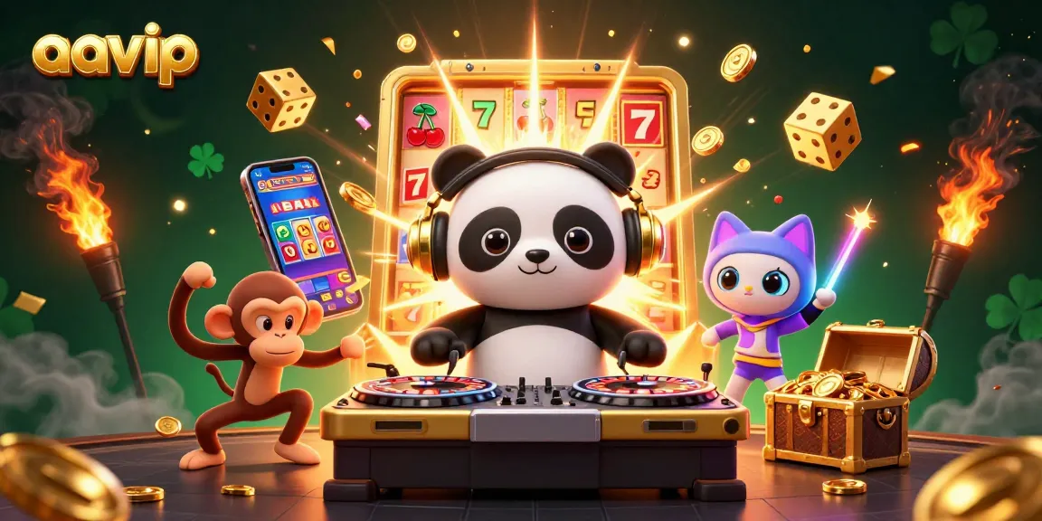AAVIP showcases a vibrant 3D casino scene with a DJ panda and dynamic characters spinning jackpots.
