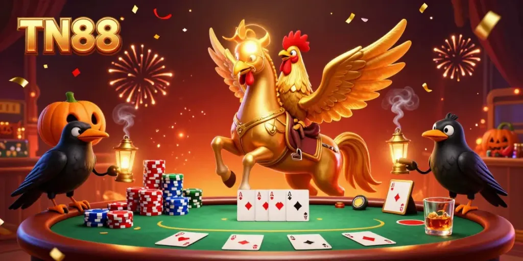 Experience TN88's thrilling midnight casino with a golden rooster and poker excitement.