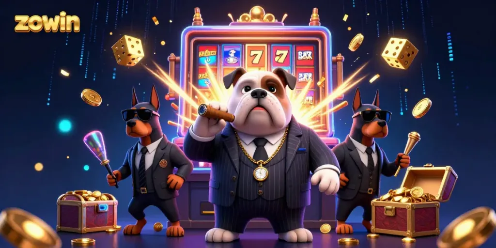 Zowin jackpot scene with a mafia bulldog and Doberman bodyguards amidst vibrant slot machine action