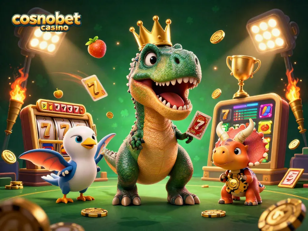 Experience the thrill of cosmobet casino with a fun 3D T-Rex dealer and exciting game elements.