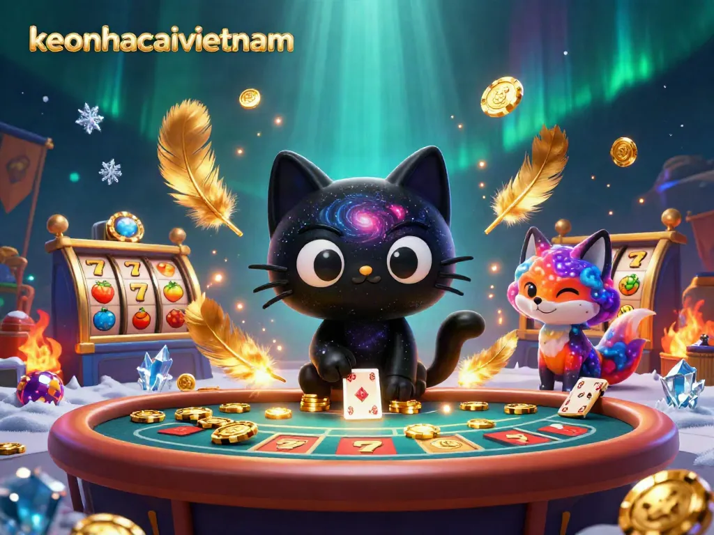 Engage with keonhacaivietnam’s vibrant casino offering featuring a charming cat and fox in a dynamic setting.