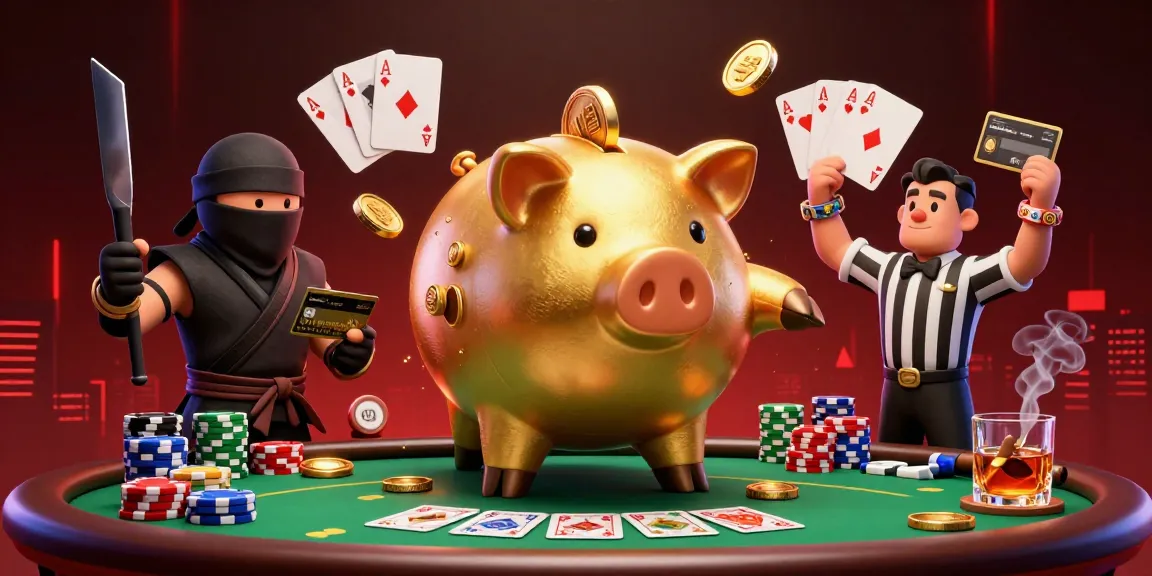 Experience thrilling action at online casinos with a golden piggy bank sumo wrestler and poker elements.