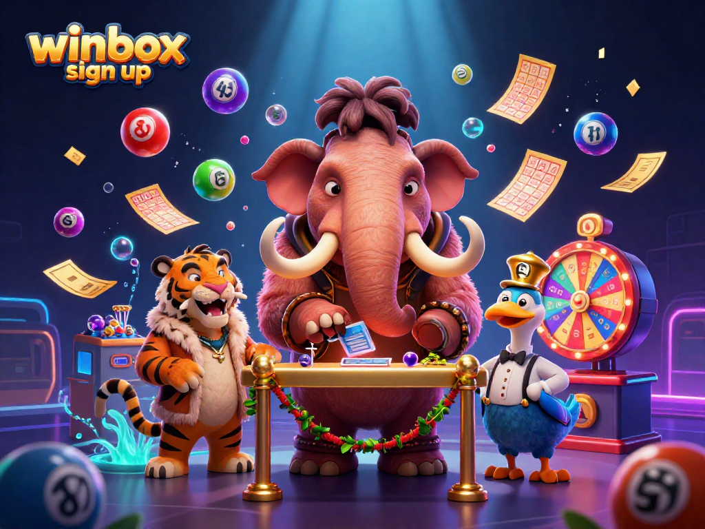 Experience seamless winbox sign up with our vibrant casino illustration featuring playful characters and game themes.