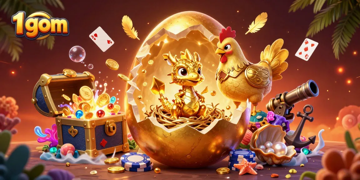 Experience thrilling wins at 1 gom with a dazzling golden dragon amidst poker chips and treasure