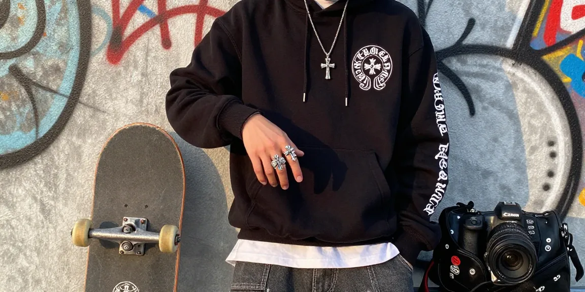 Stylish individual showcasing Chrome Hearts hoodie and accessories against urban graffiti backdrop.