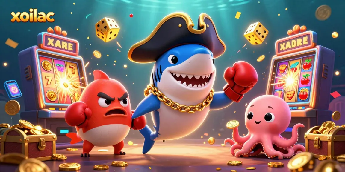 Xoilac showcases a vibrant underwater world with a pirate shark, pufferfish, and octopus celebrating casino games.