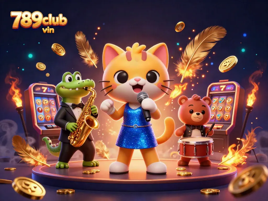 A 3D cartoon illustration of 789club vin with a jazz cat singer, crocodile saxophonist, and bear drummer in a vibrant casino scene.