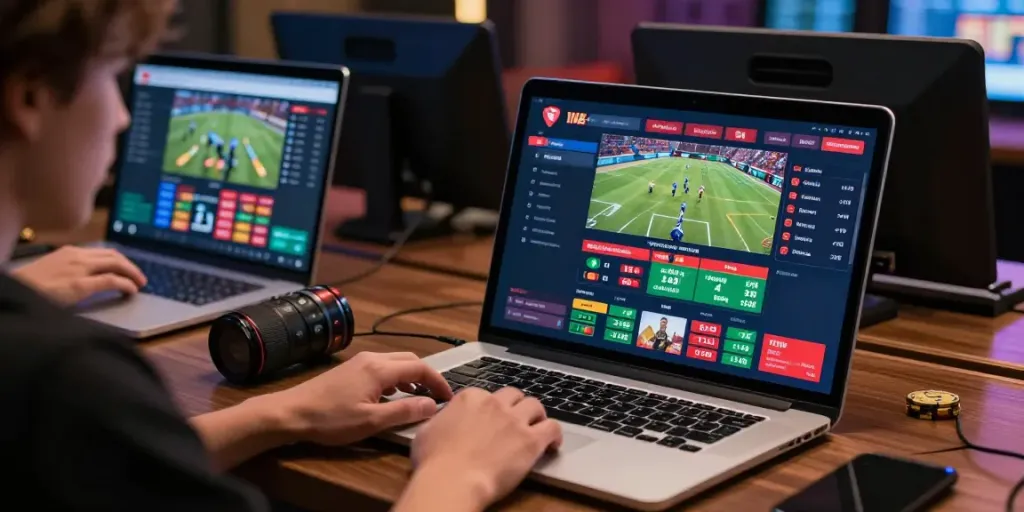 An engaging scene from 8kbeteu.com showing a user immersed in online sports betting with vibrant interface and gaming setup.