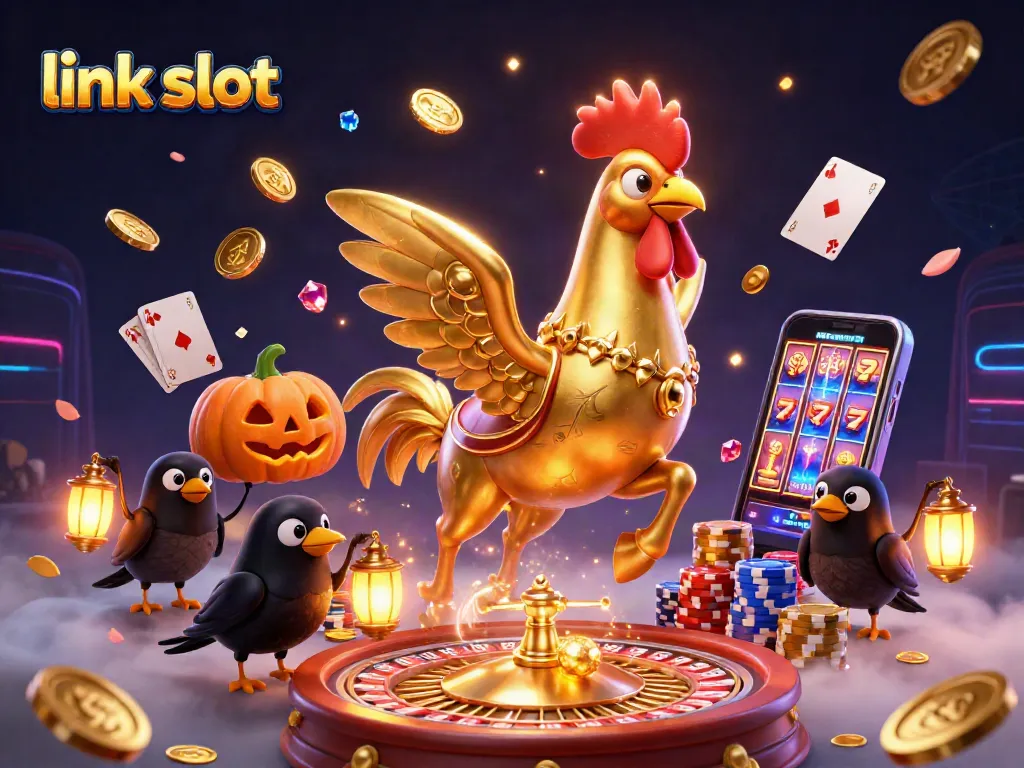 Experience excitement at the link slot, with a golden rooster and companions in a lively casino setting, featuring spinning reels and sparkling coins.