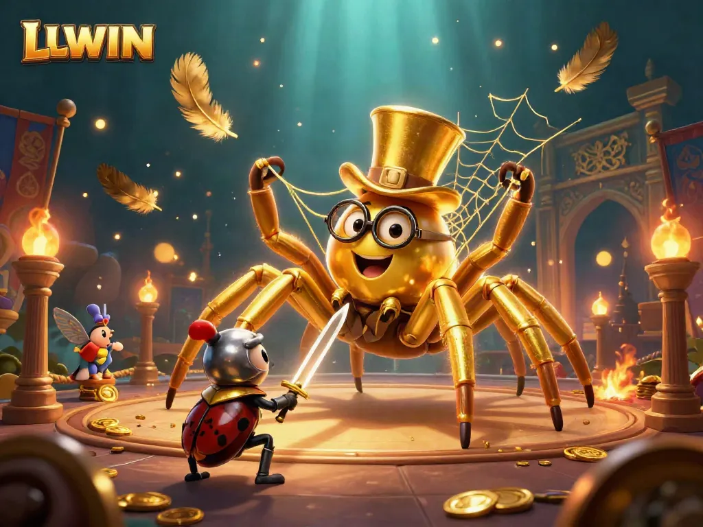 Experience thrilling gaming at LLWIN with a dynamic scene of a golden tarantula and knight engaging spectators.