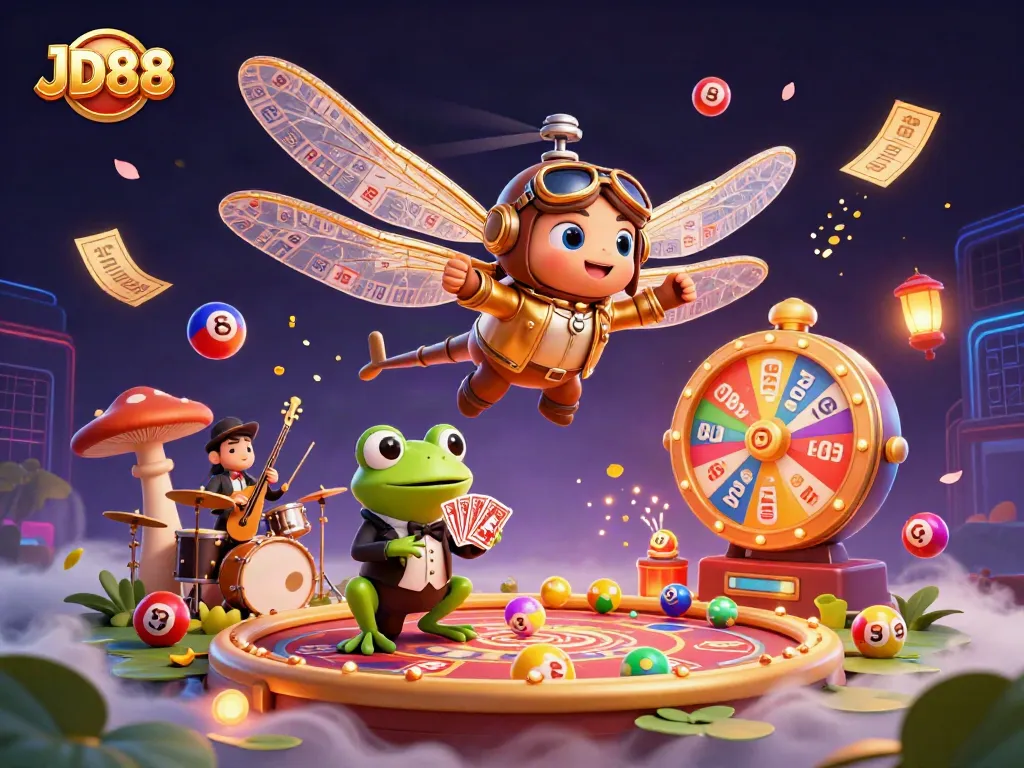 Engage with JD88 in an entertaining casino scene featuring a dragonfly pilot, frog croupier, and lively musicians.