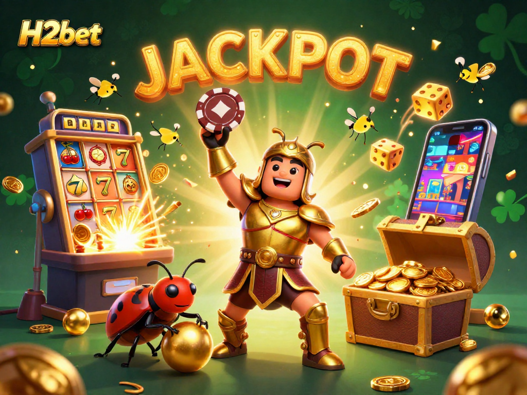 H2bet showcases a victorious beetle in golden armor amidst a vibrant casino jackpot scene.
