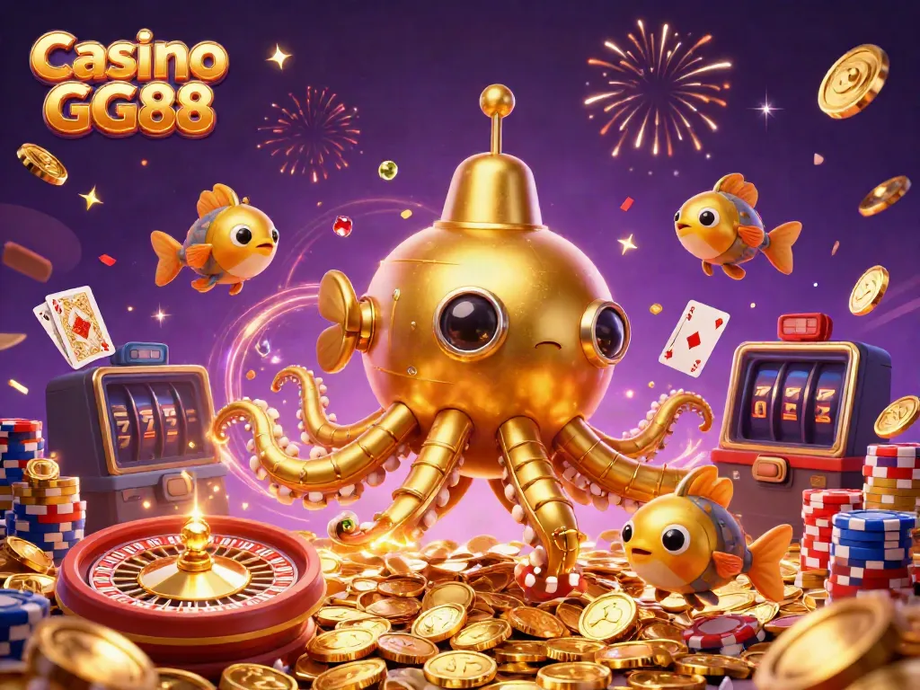 Spin to win with Casino GG88 in this vibrant 3D scene of gold coins and gaming action.