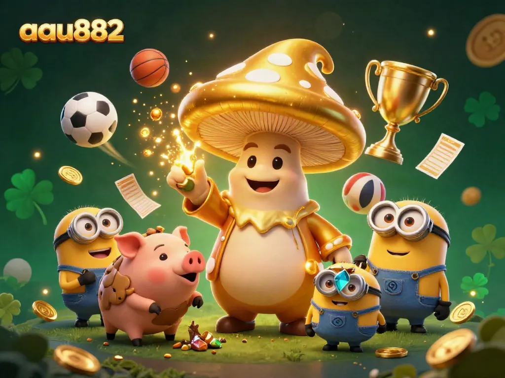 Join the aau882 casino adventure with a golden wizard, treasure-finding pig, and sparkling game elements.