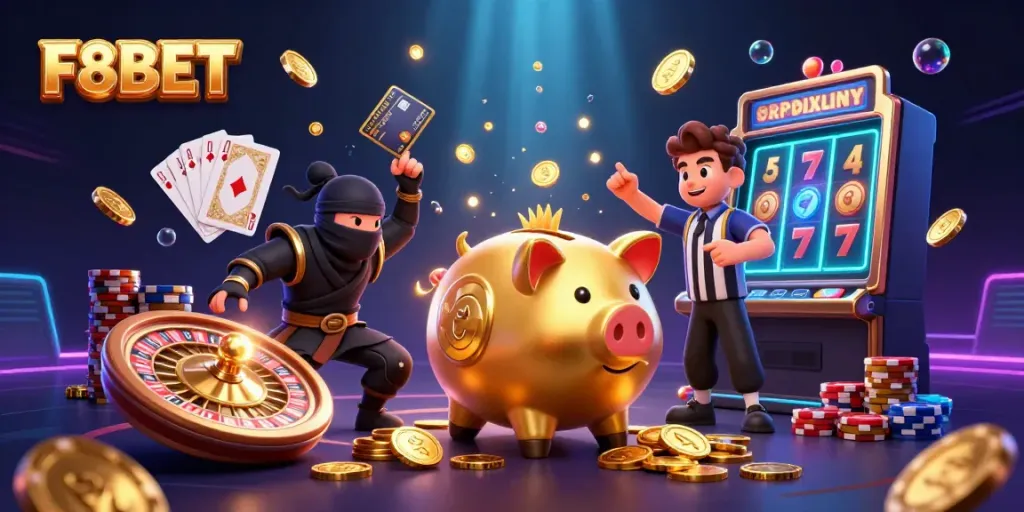 Experience thrilling gaming with F8BET in this dynamic scene of a golden piggy bank wrestler and colorful casino elements.