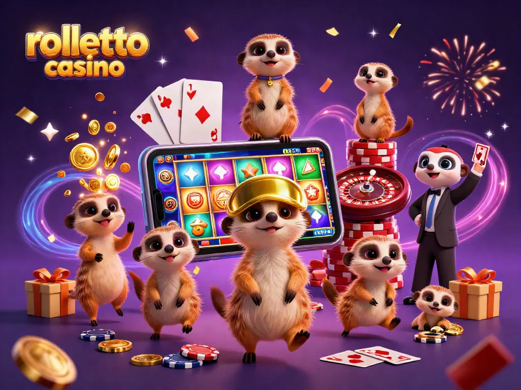 Experience rolletto casino excitement with meerkats celebrating at a vibrant casino scene.