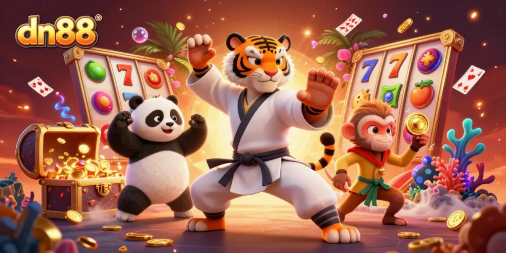 Experience thrilling gameplay with dn88 featuring a 3D kung fu tiger master character surrounded by casino elements.