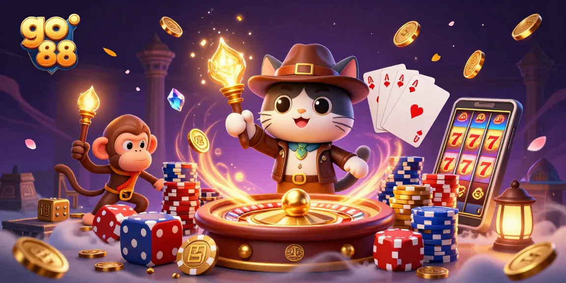 Experience excitement with go 88 as a cat explorer discovers casino treasures amidst dynamic elements and glowing artifacts.