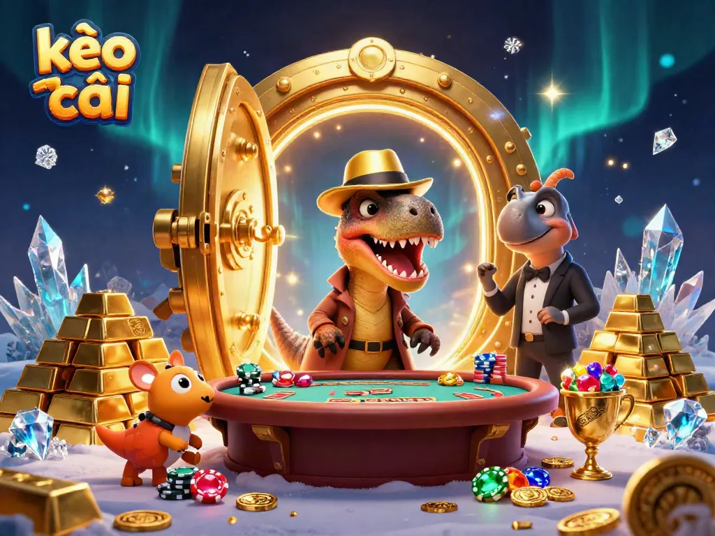 Visualize kèo nhà cái as a dynamic scene with a velociraptor card counter and stegosaurus pit boss in a rich casino environment.
