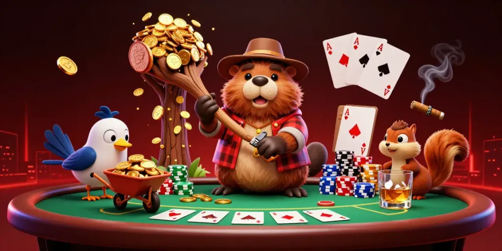Experience thrilling gameplay at bm88 with a beaver and friends gathering golden coins at a lively casino table