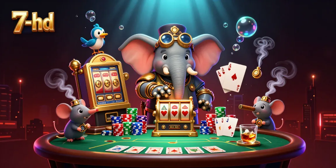 Spin the reels with 7-hd's vibrant casino scene featuring a lively steampunk elephant engineer.