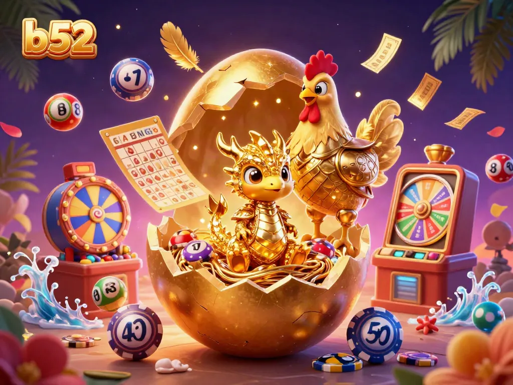 B52: Experience the thrill of winning with a stunning 3D illustration of a golden dragon and casino elements.