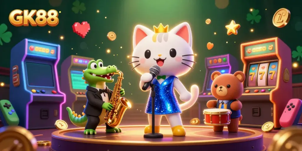 Engage in GK88's thrilling casino scene featuring vibrant characters and dynamic gaming elements.