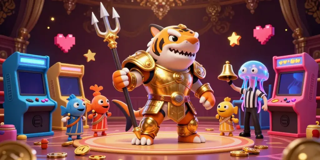 Xoilaca1 brings excitement with a 3D tiger shark in armor at an underwater colosseum, featuring vibrant gaming elements.
