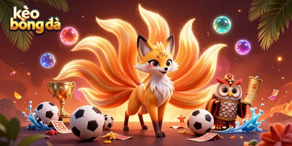 Engage with kèo bóng đá in a vibrant betting scene featuring a mystical fox spirit and a wise owl.